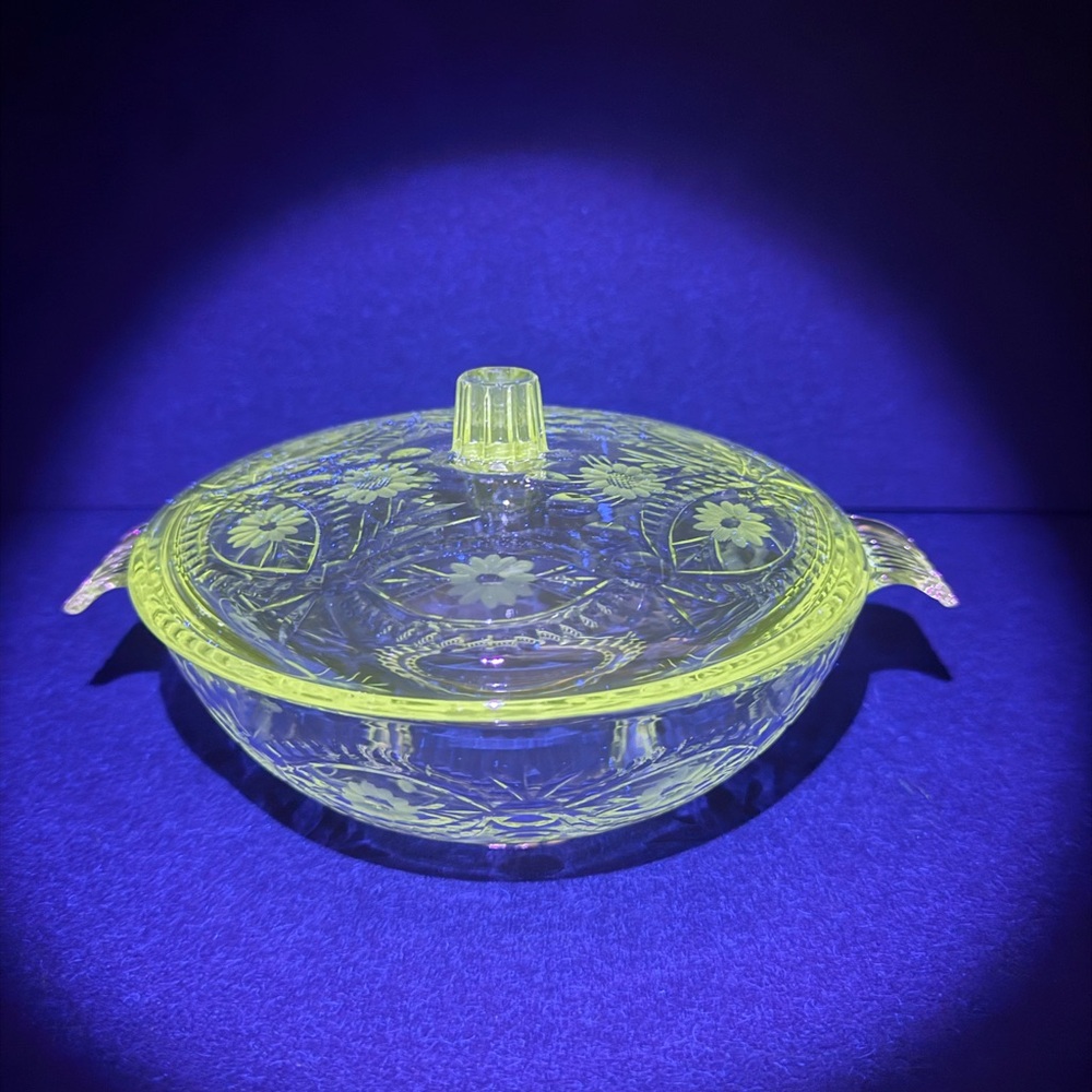 Clear Glass Lidded Serving Bowl with Floral Etching - Yellow Accent